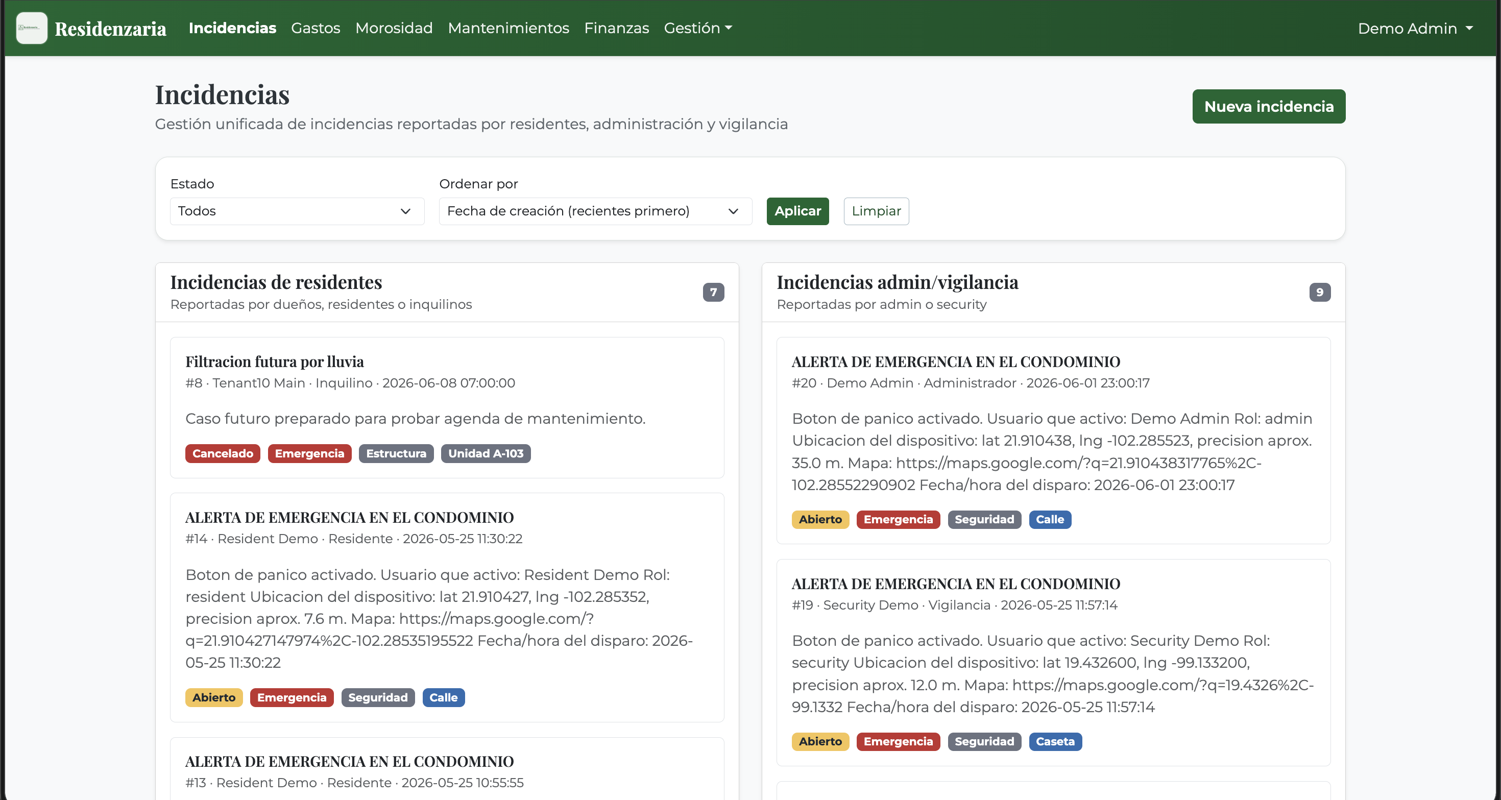 Captura del módulo de incidencias
