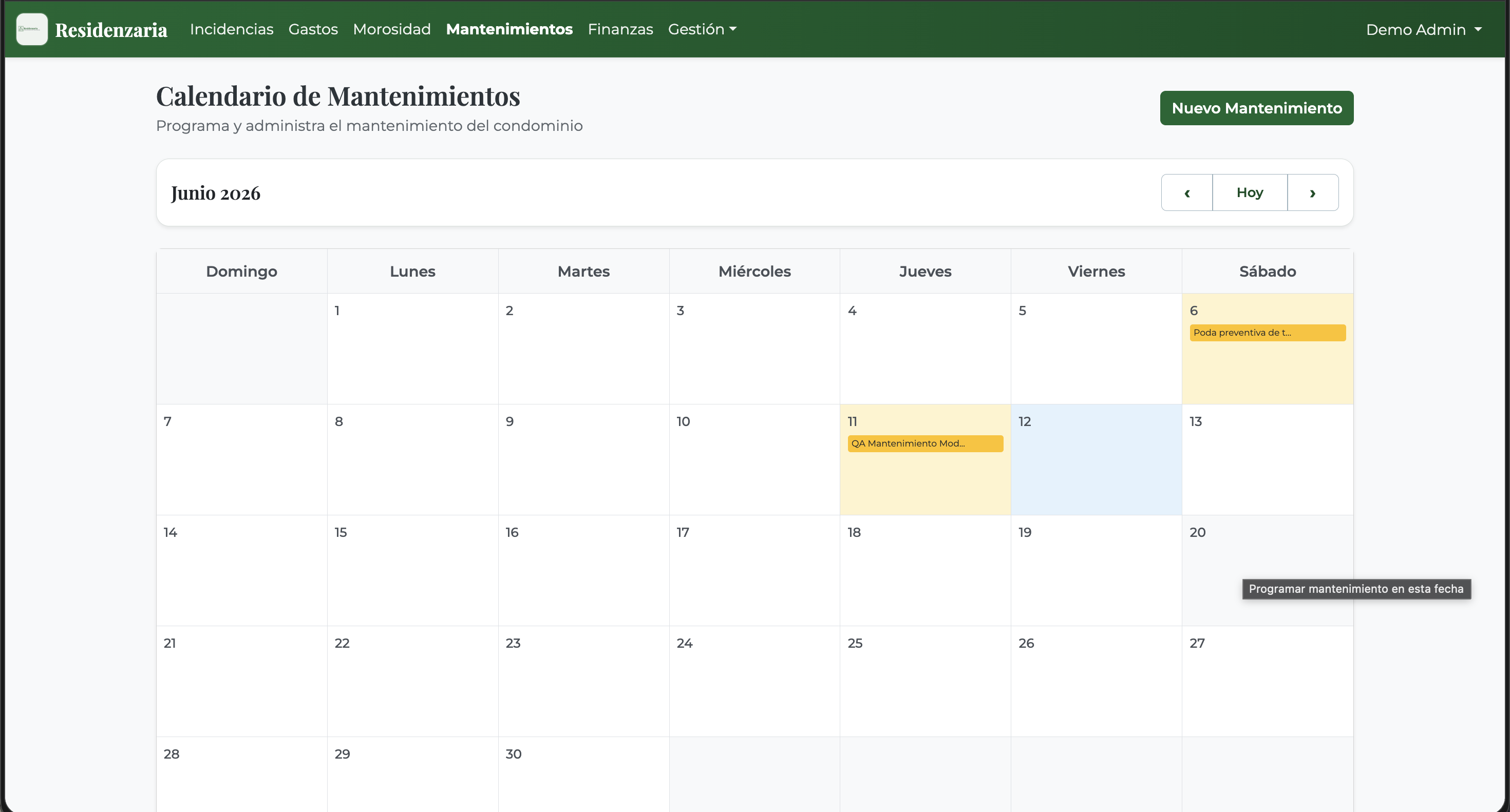 Captura del módulo de mantenimientos