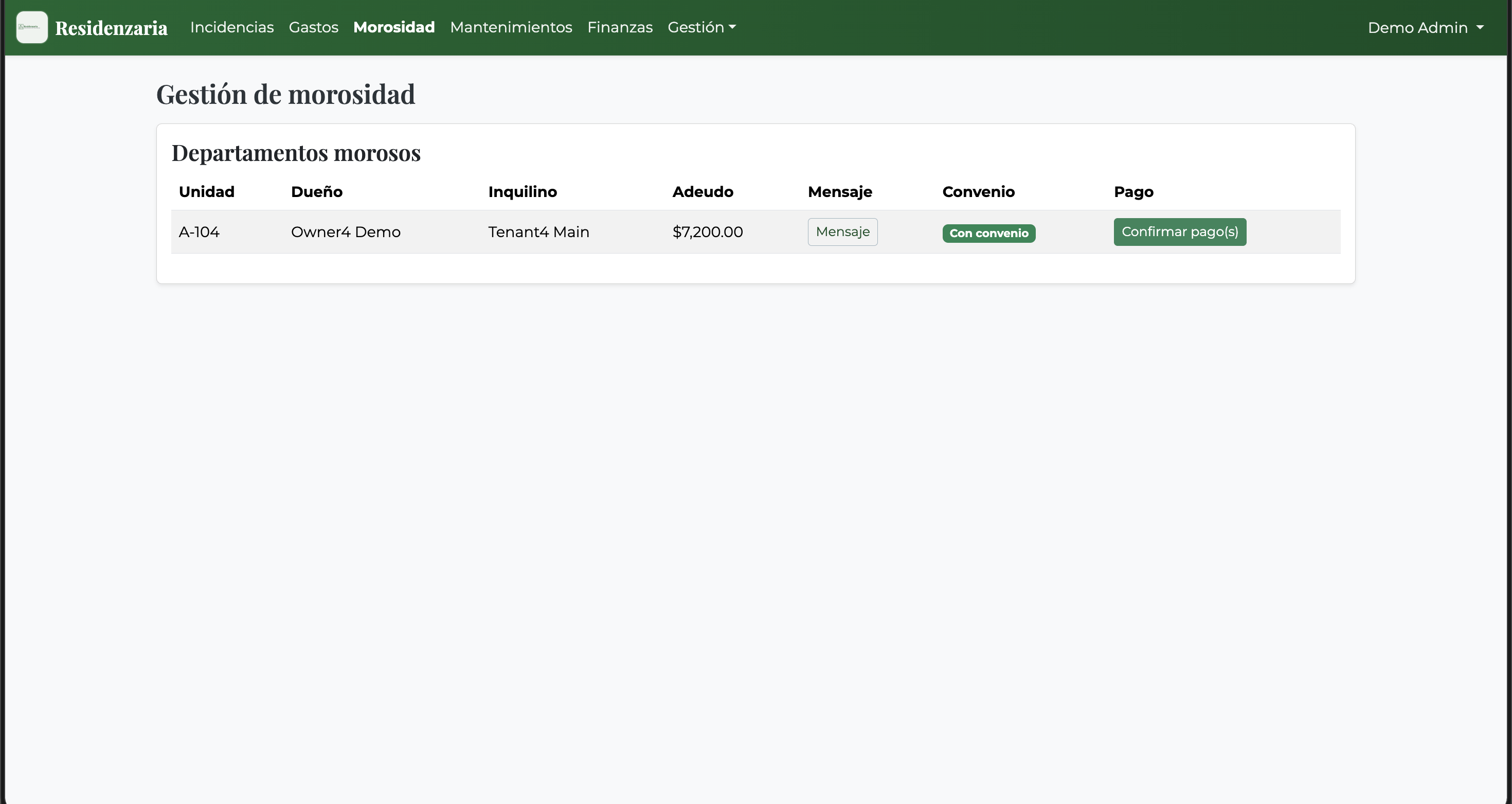 Captura del módulo de morosidad